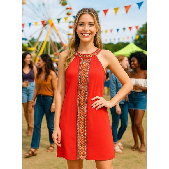 THML Red Embroidered Halter Mini Dress - Size S - Picture 1 of 16